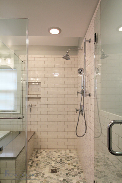  White  Subway  Tile  Walk in Shower  Transitional Bathroom  