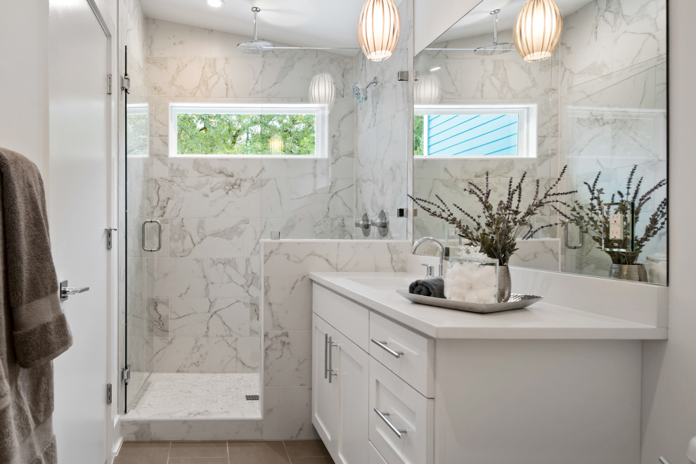 Inspiration for a mid-sized transitional master single-sink bathroom remodel in Austin with shaker cabinets, an undermount sink, quartz countertops, a hinged shower door and a built-in vanity