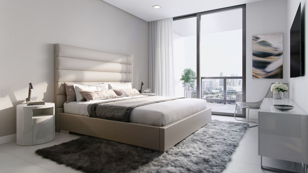 Contemporary guest bedroom in Miami with grey walls, ceramic floors and grey floor.