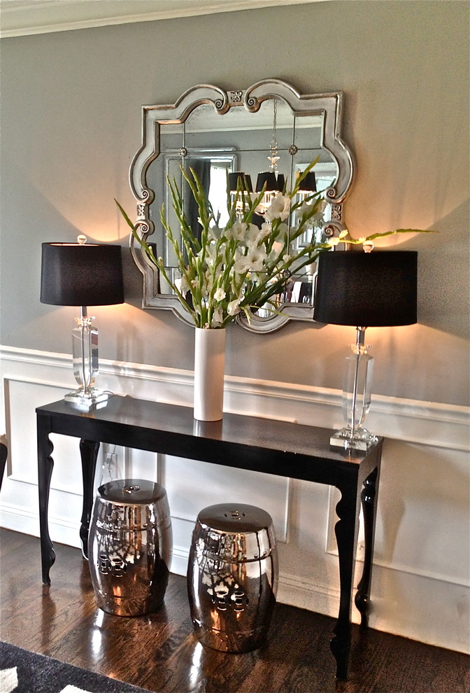 Enclosed dining room - mid-sized transitional dark wood floor enclosed dining room idea in Boston with gray walls