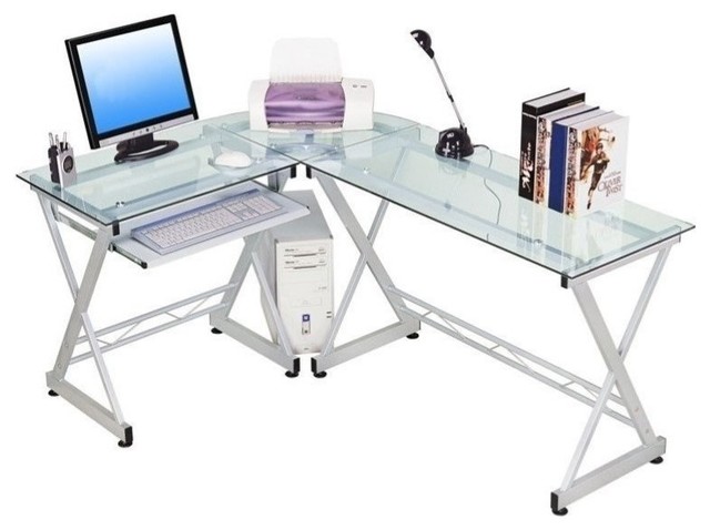 Scranton & Co Modern Glass/Steel L-Shape Computer Desk in Clear