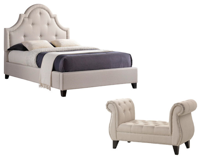 Baxton Studio Colchester Light Beige Linen Platform Bed With Bench