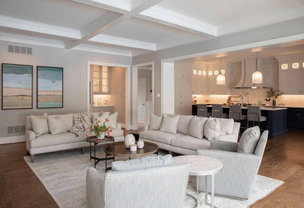 Inspiration for a transitional open concept living room in Philadelphia with grey walls, dark hardwood floors, brown floor and coffered.