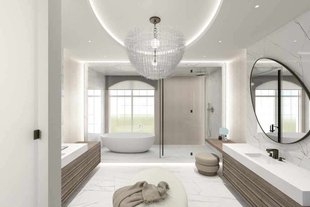 Idéer för ett stort modernt vit en-suite badrum, med möbel-liknande, skåp i mellenmörkt trä, ett fristående badkar, en dusch/badkar-kombination, en toalettstol med separat cisternkåpa, vit kakel, porslinskakel, vita väggar, klinkergolv i porslin, ett integrerad handfat, bänkskiva i kvarts, vitt golv och dusch med gångjärnsdörr