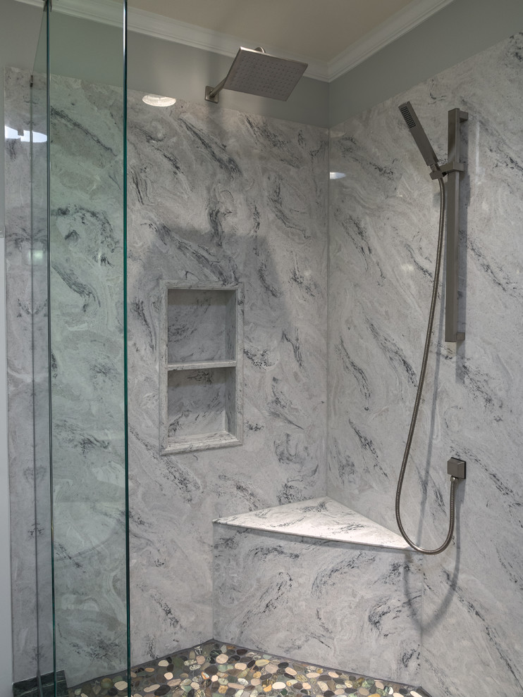 Freestanding bathtub - mid-sized contemporary master freestanding bathtub idea with shaker cabinets, white cabinets and gray walls