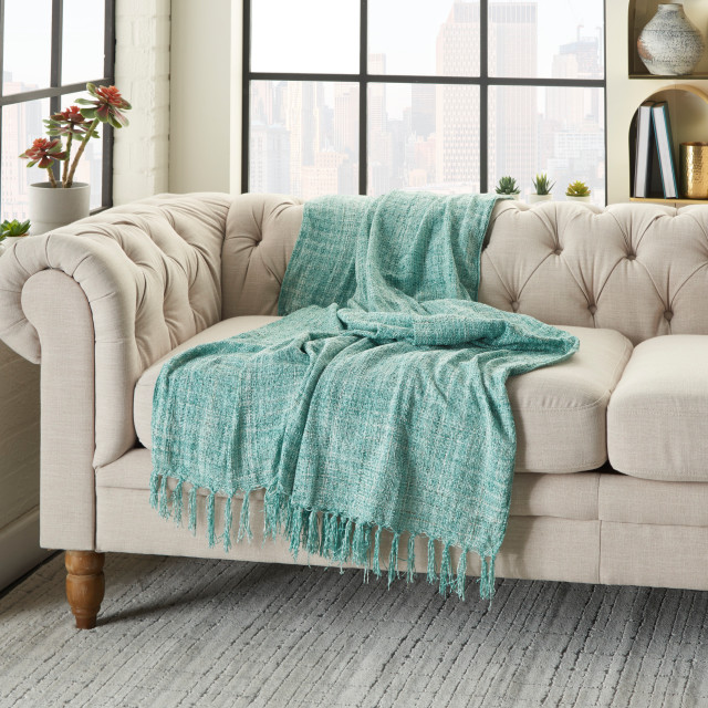 Mina Victory Outdoor Throws Woven Outdoor Throw 50" x 60" Aqua Throw