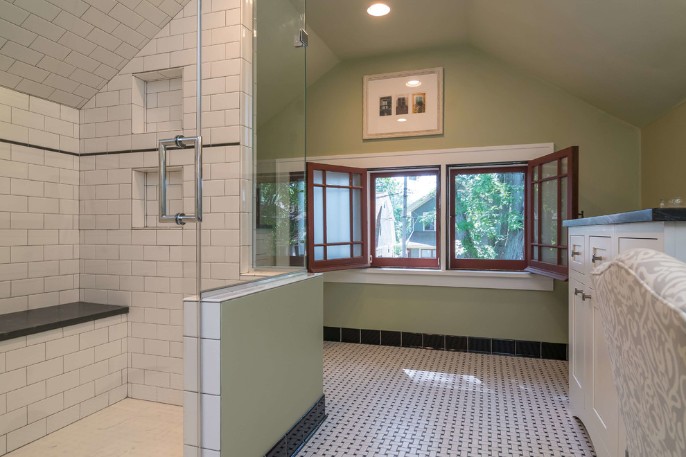 This is an example of a mid-sized country master bathroom in Other with recessed-panel cabinets, white cabinets, a curbless shower, a one-piece toilet, white tile, subway tile, green walls, porcelain floors, an undermount sink, laminate benchtops, white floor and a hinged shower door.