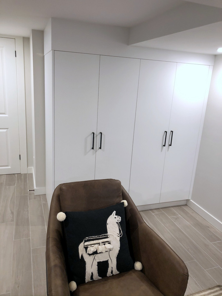 Photo of a small contemporary fully buried basement in Toronto with white walls, vinyl floors and grey floor.