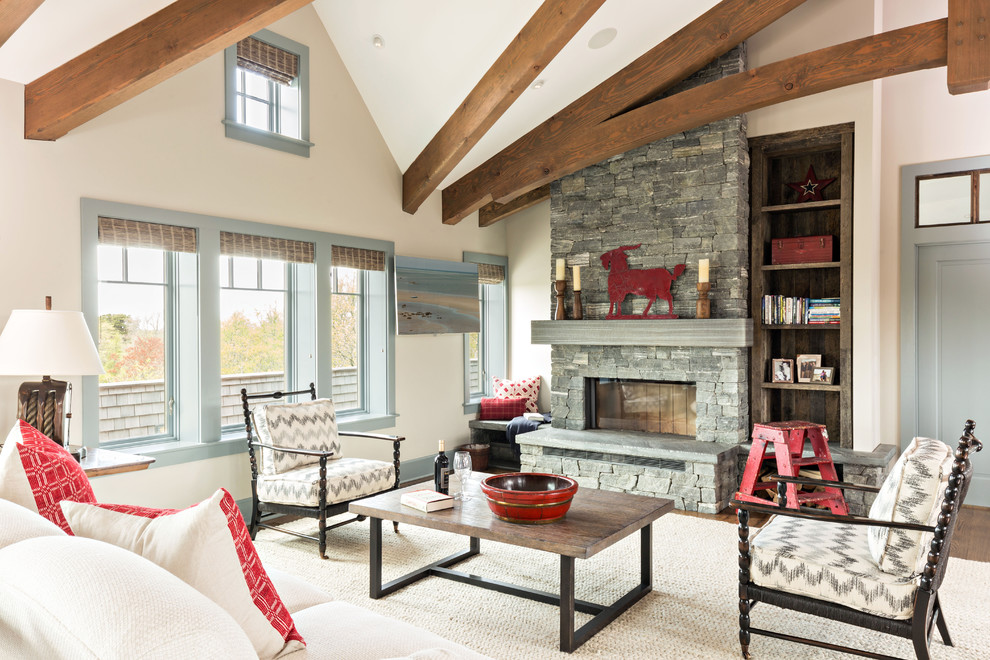 Photo of a country living room in Boston with a ribbon fireplace, no tv and beige walls.