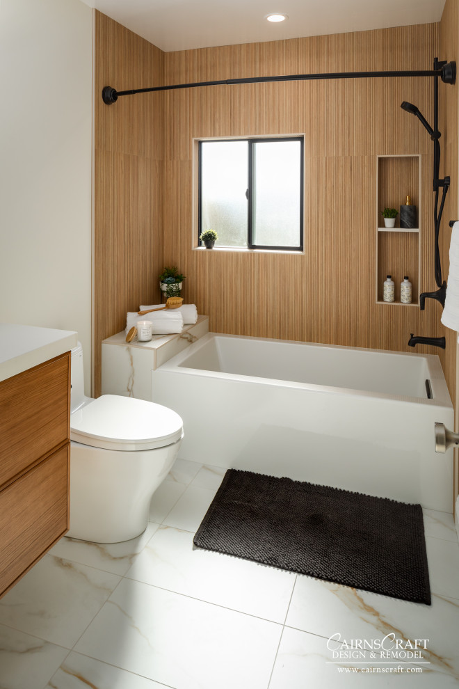 Photo of a mid-sized master bathroom in San Diego with white cabinets, a floating vanity, a shower/bathtub combo, a two-piece toilet, beige tile, white walls, an integrated sink, engineered quartz benchtops, white floor, white benchtops, a niche, a single vanity, flat-panel cabinets, an alcove tub, wood-look tile, porcelain floors and an open shower.