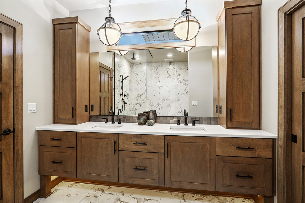 Inspiration for a mid-sized transitional master gray tile and ceramic tile ceramic tile and white floor doorless shower remodel with medium tone wood cabinets, an undermount sink and white countertops