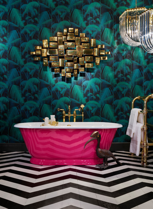 Pink Bathroom Ideas with Tropical Wallpaper and Chevron Floor Tiles