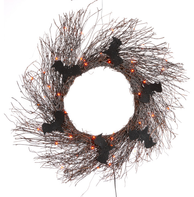 19.68" Black Glitter Twig Halloween Wreath With Black Bats and Orange