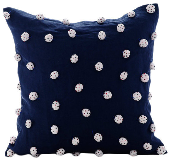 Dotted Pom Poms Blue Cotton Linen 30x30 Cushions Cover, I Love Pom Poms
