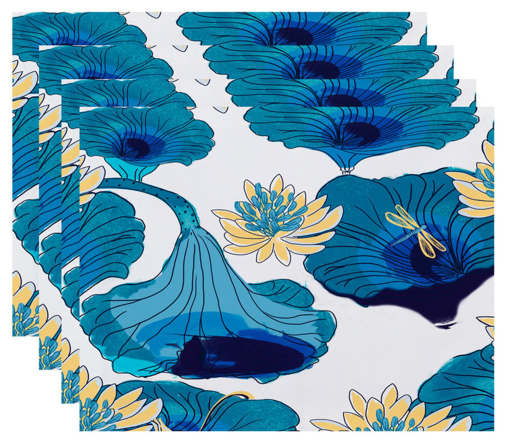 18"x14" Lotokoi, Floral Print Placemats, Set of 4, Teal