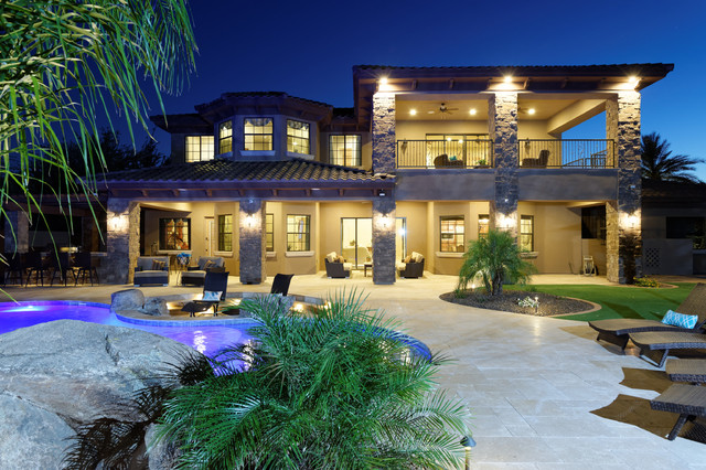 Backyard at dusk mediterranean-house-exterior