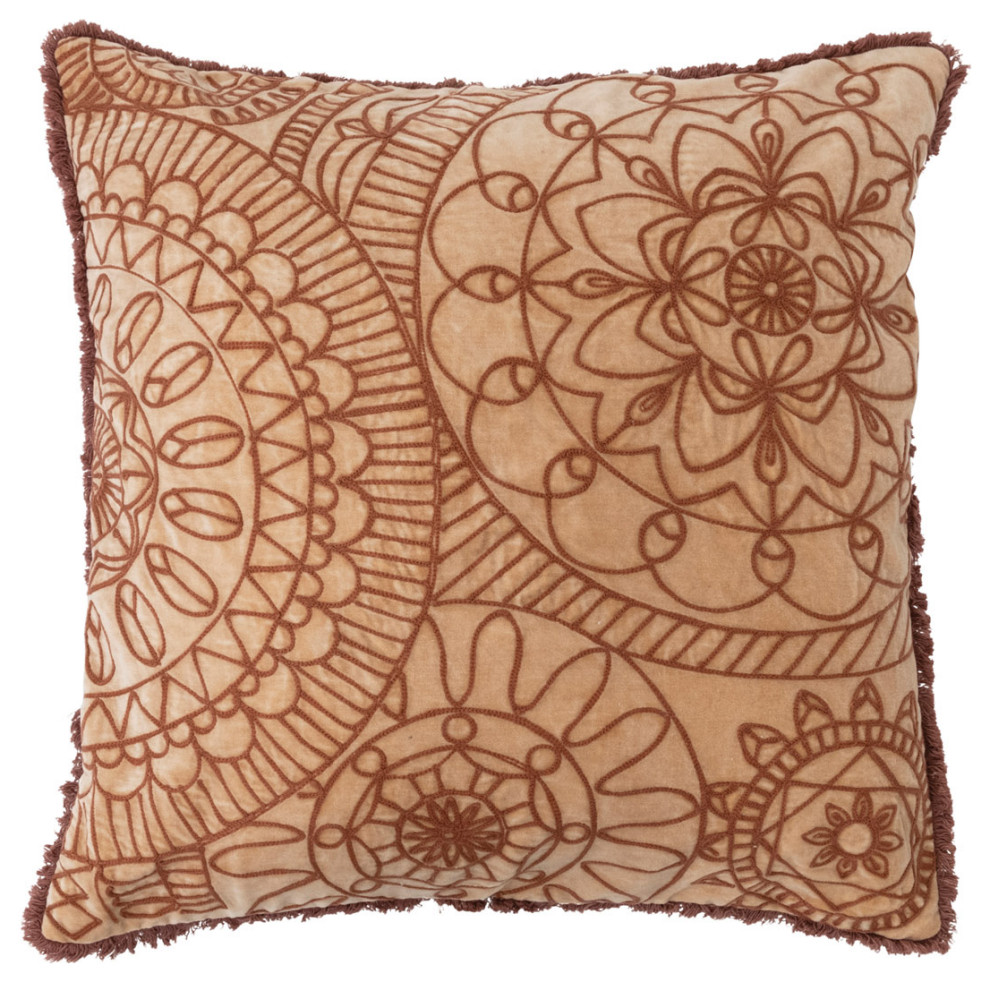 Stonewashed Cotton Velvet Pillow With Chambray Back and Eyelash Fringe Contemporary