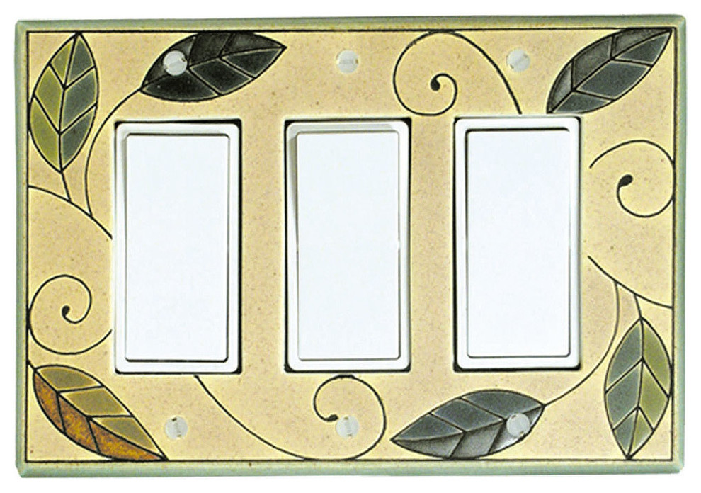Art Nouveau Mosaic Leaves Ceramic Tile Triple Rocker Switchplate
