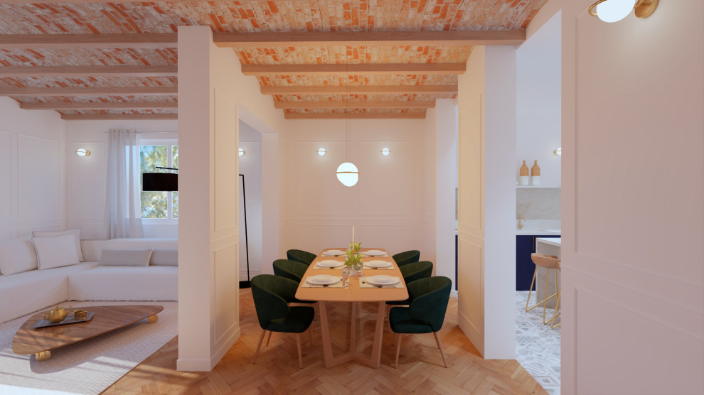 Idéer för en liten klassisk matplats med öppen planlösning, med vita väggar och mellanmörkt trägolv
