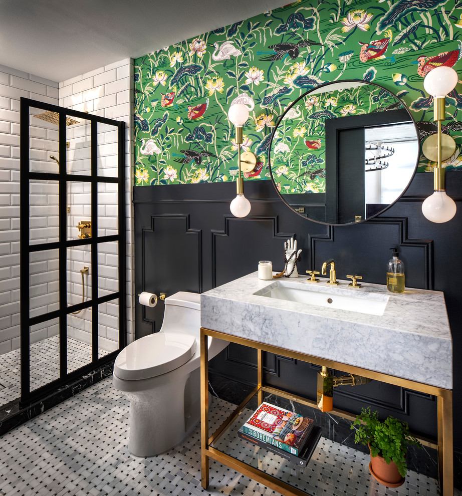 Inspiration for a mid-sized eclectic 3/4 bathroom in San Francisco with open cabinets, an open shower, a one-piece toilet, white tile, black walls, porcelain floors, marble benchtops, white floor, subway tile, an undermount sink, an open shower and grey benchtops.