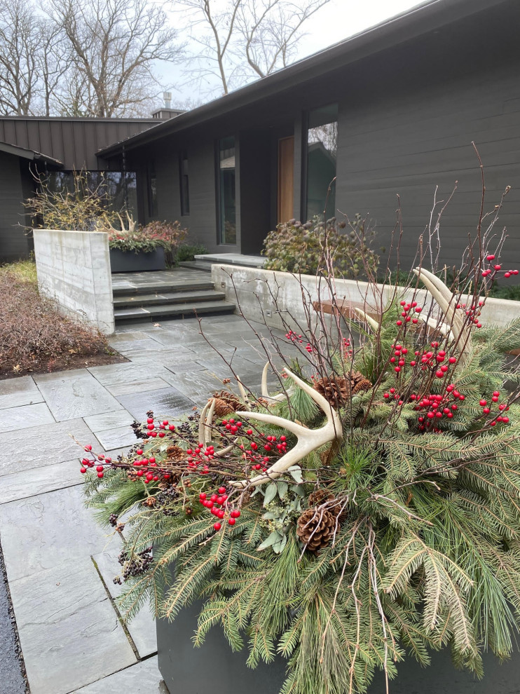 Photo of a large midcentury front yard partial sun garden for winter in Chicago with a container garden and natural stone pavers.