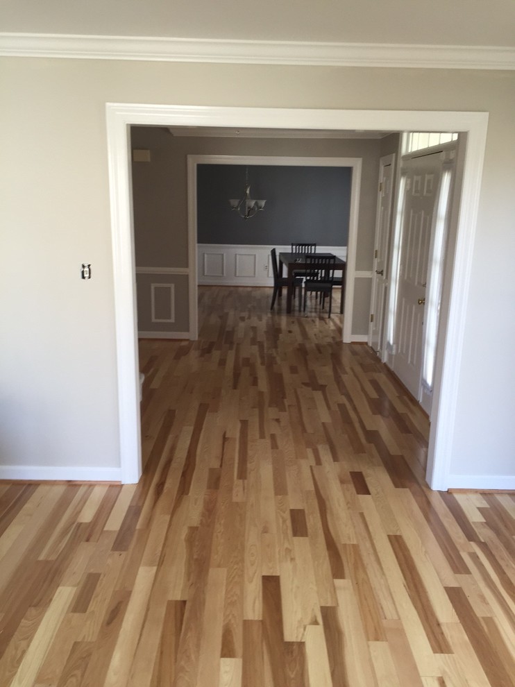 Inspiration for a mid-sized transitional light wood floor hallway remodel in DC Metro with gray walls