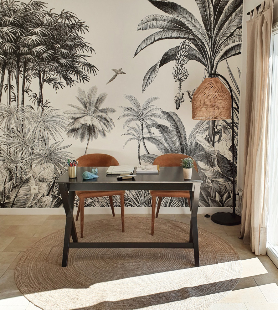 Design ideas for a small tropical study room in Nice with black walls, ceramic floors, a freestanding desk, beige floor and wallpaper.
