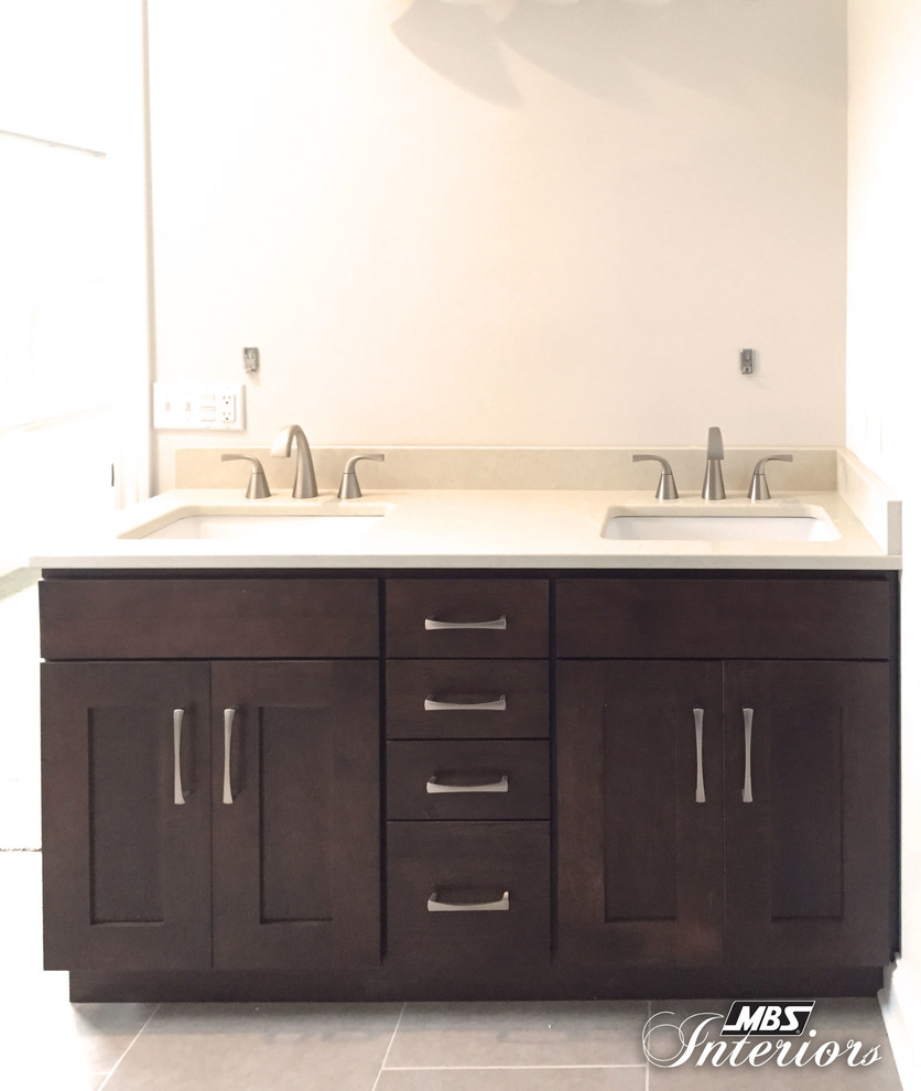 Mid-sized transitional master bathroom in Other with shaker cabinets, dark wood cabinets, an open shower, a one-piece toilet, beige tile, ceramic tile, beige walls, ceramic floors, an undermount sink, beige floor and an open shower.