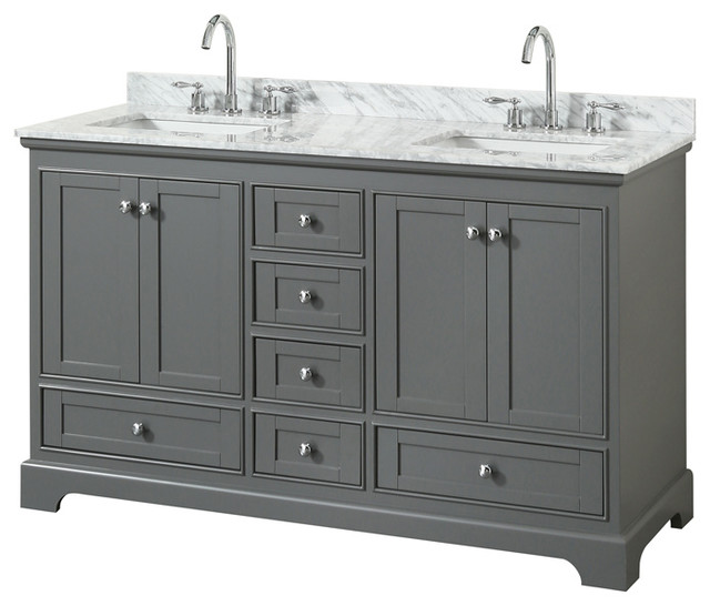 Deborah 60" Dark Gray Double Vanity, Carrara Marble Top, Square Sinks, No Mirror