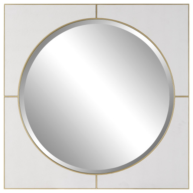 Cyprus Wall Mirror, White Faux Shagreen Leather and Soft Gold
