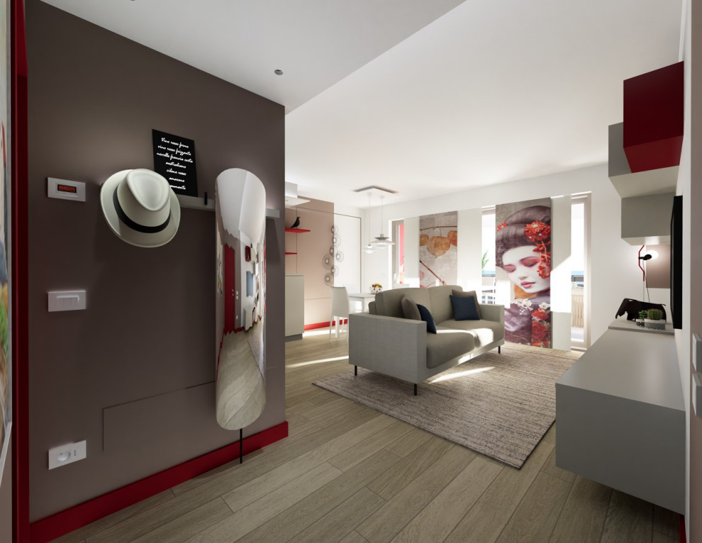 Kleines, Offenes Asiatisches Wohnzimmer ohne Kamin mit bunten Wänden, Porzellan-Bodenfliesen, TV-Wand, beigem Boden, eingelassener Decke und Tapetenwänden in Mailand