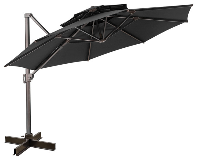 12' Black Polyester Round Tilt Cantilever Patio Umbrella With Stand