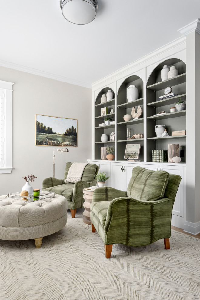 Large transitional master medium tone wood floor bedroom photo with beige walls, a two-sided fireplace and a tile fireplace