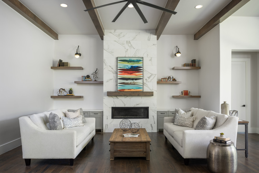 Inspiration for a large transitional open concept family room in Dallas with a tile fireplace surround, brown floor, exposed beam, white walls, dark hardwood floors and a ribbon fireplace.