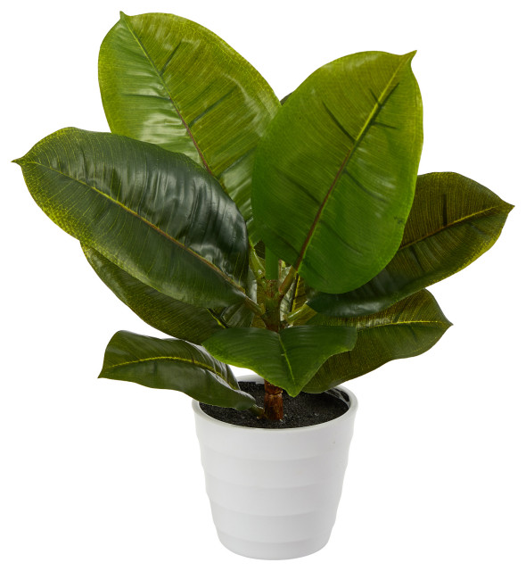 Nearly Natural 11" Rubber Leaf Artificial Plant, White Planter, Real Touch Modern Artificial