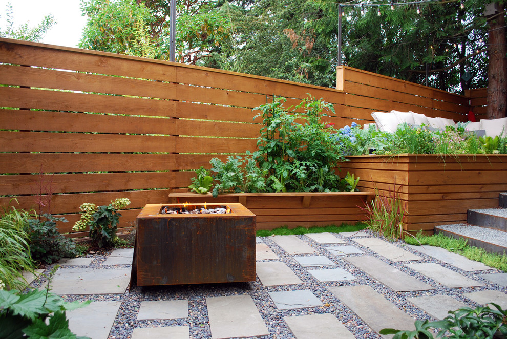 Photo of a small modern courtyard partial sun garden in Seattle with a vegetable garden and natural stone pavers.