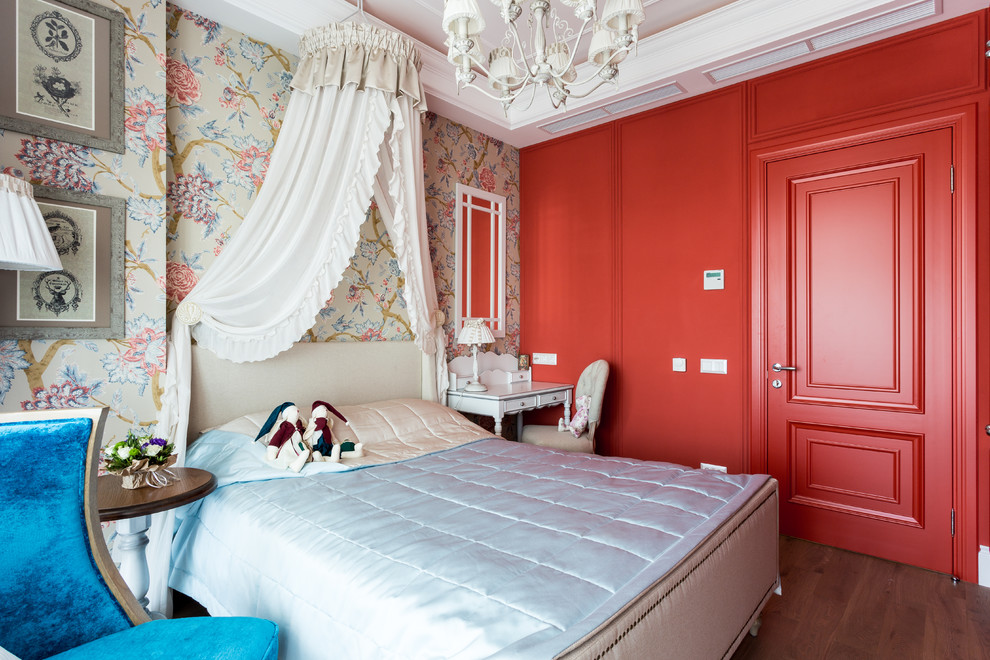Inspiration for a large transitional guest bedroom in Other with red walls, light hardwood floors and brown floor.
