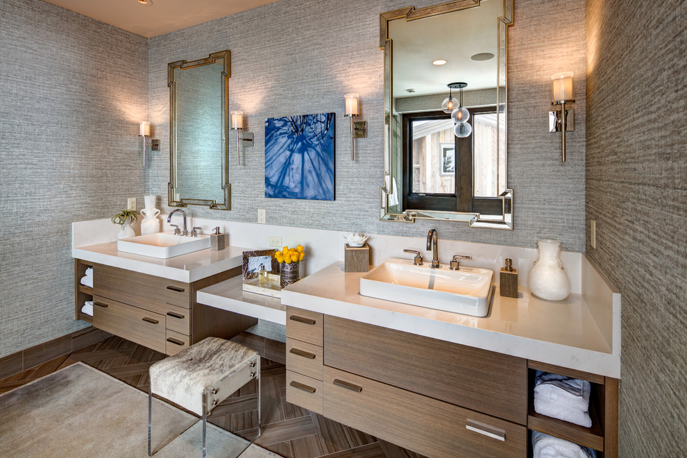 Design ideas for a large country master bathroom in Salt Lake City with flat-panel cabinets, medium wood cabinets, grey walls, ceramic floors, granite benchtops, brown floor, a vessel sink and grey benchtops.