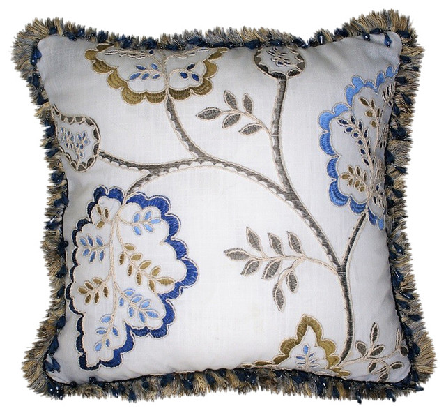 Neutral Linen Blue Gold Throw Pillow With Beaded Fringe