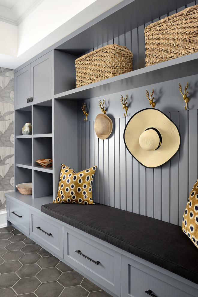 Inspiration for a transitional entryway remodel in Toronto with gray walls