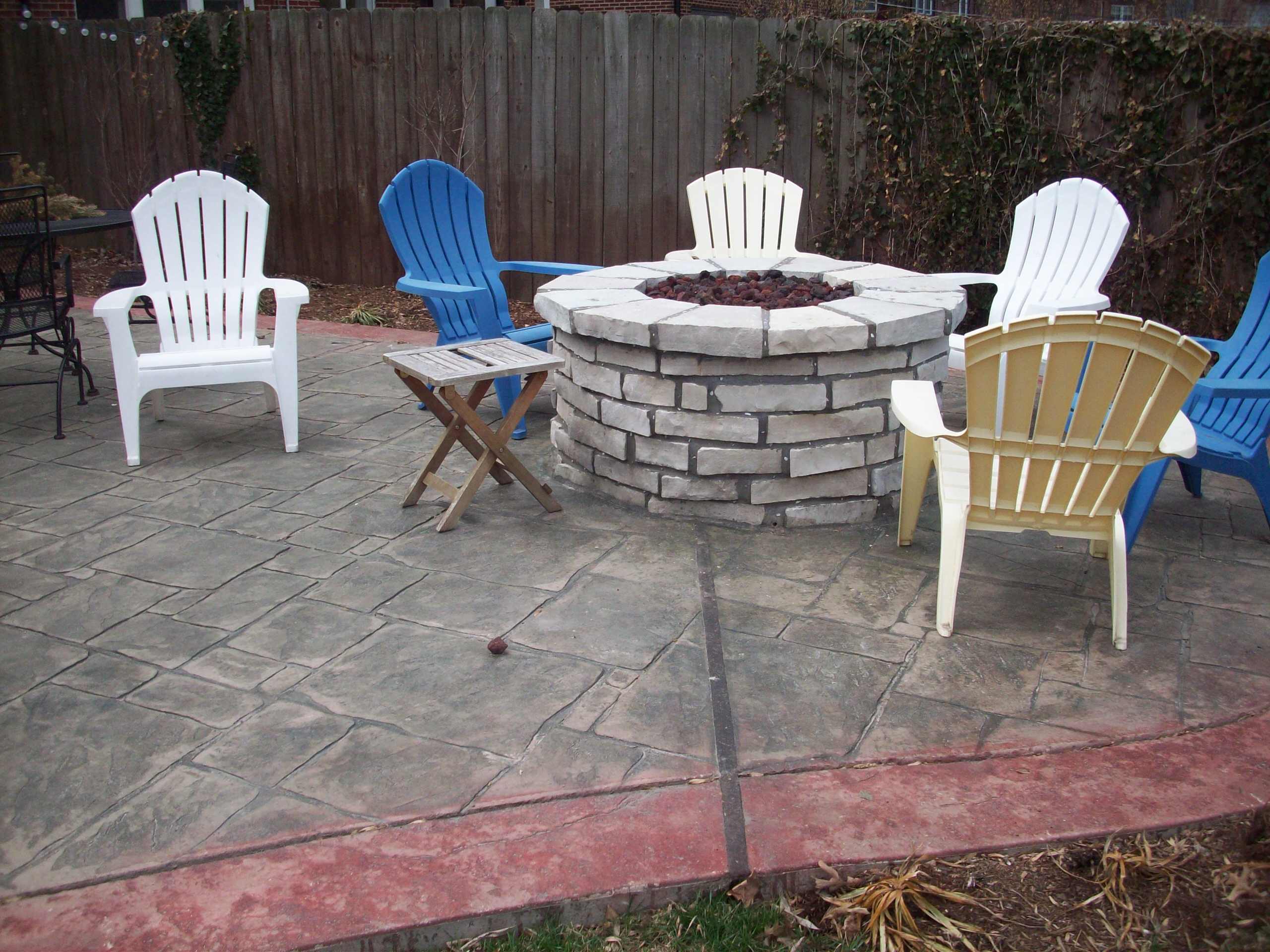 Clayton, Missouri multi-colored stamped concrete patio and fire pit