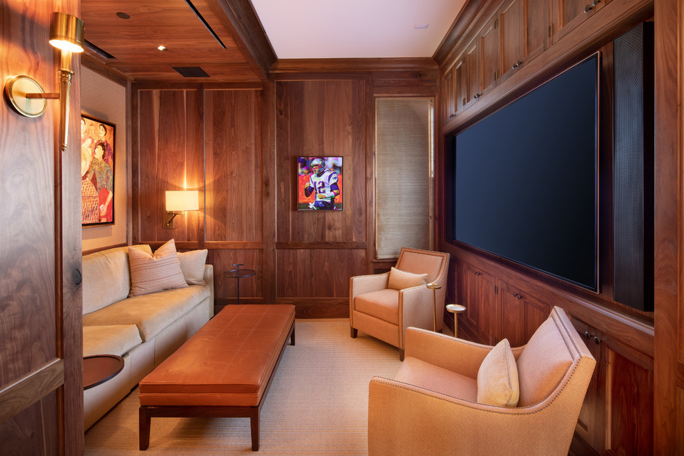 Design ideas for a transitional enclosed home theatre in DC Metro with brown walls and a built-in media wall.