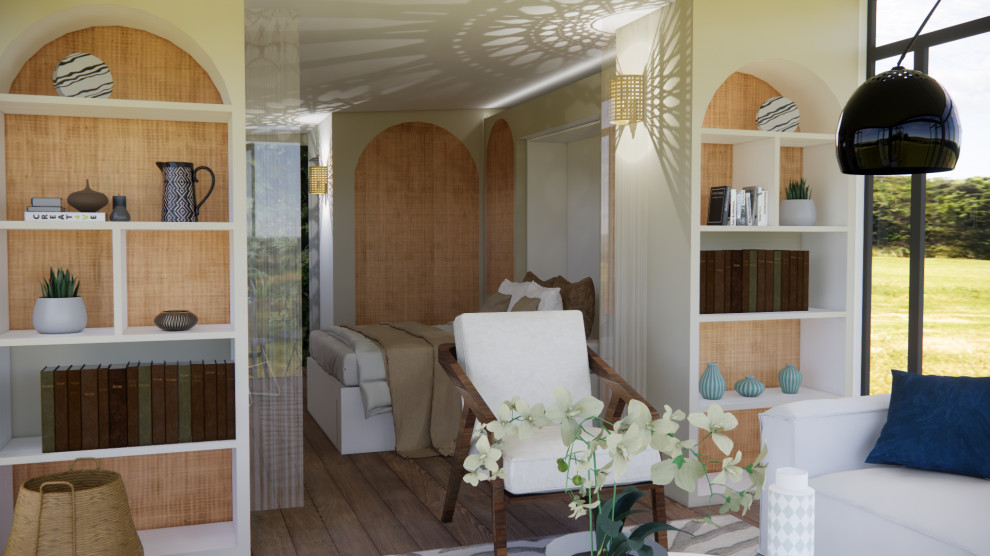 Imagen de dormitorio contemporáneo de tamaño medio con paredes beige, suelo de travertino y suelo beige