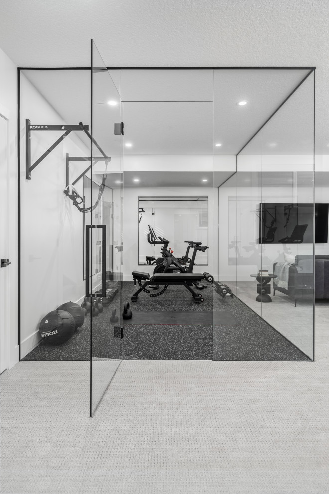 Cette image montre une salle de sport minimaliste multi-usage et de taille moyenne avec un mur blanc et un sol noir.