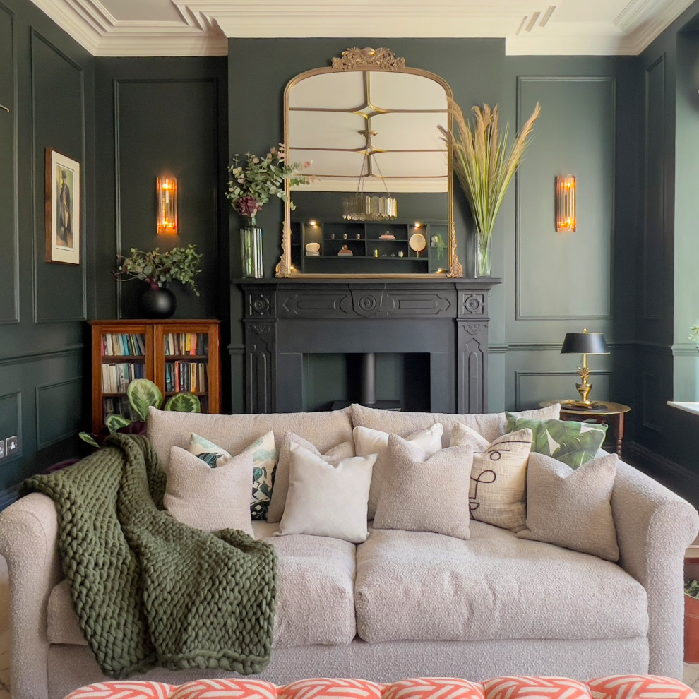 Inspiration for an eclectic formal enclosed living room in Other with green walls, carpet, a wood burning stove, a stone fireplace surround, a built-in media unit, beige floors, a coffered ceiling, panelled walls and a dado rail.