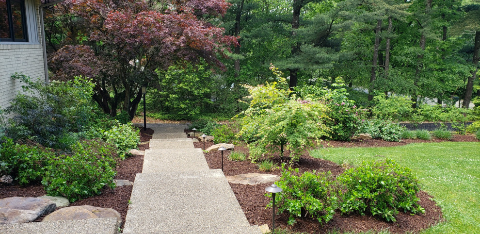 Idee per un giardino formale american style esposto in pieno sole di medie dimensioni e davanti casa in estate con un ingresso o sentiero e pavimentazioni in pietra naturale