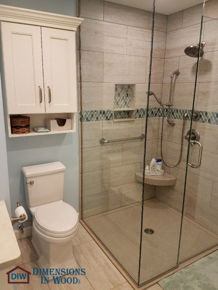 Inspiration for a small traditional master bathroom in Other with flat-panel cabinets, white cabinets, a drop-in tub, a curbless shower, a two-piece toilet, ceramic tile, blue walls, ceramic floors, an undermount sink, beige floor, a hinged shower door, beige benchtops, a shower seat, a single vanity and a built-in vanity.