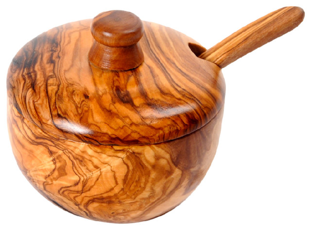 Handmade Olive Wood Sugar Bowl with Coffee Spoon