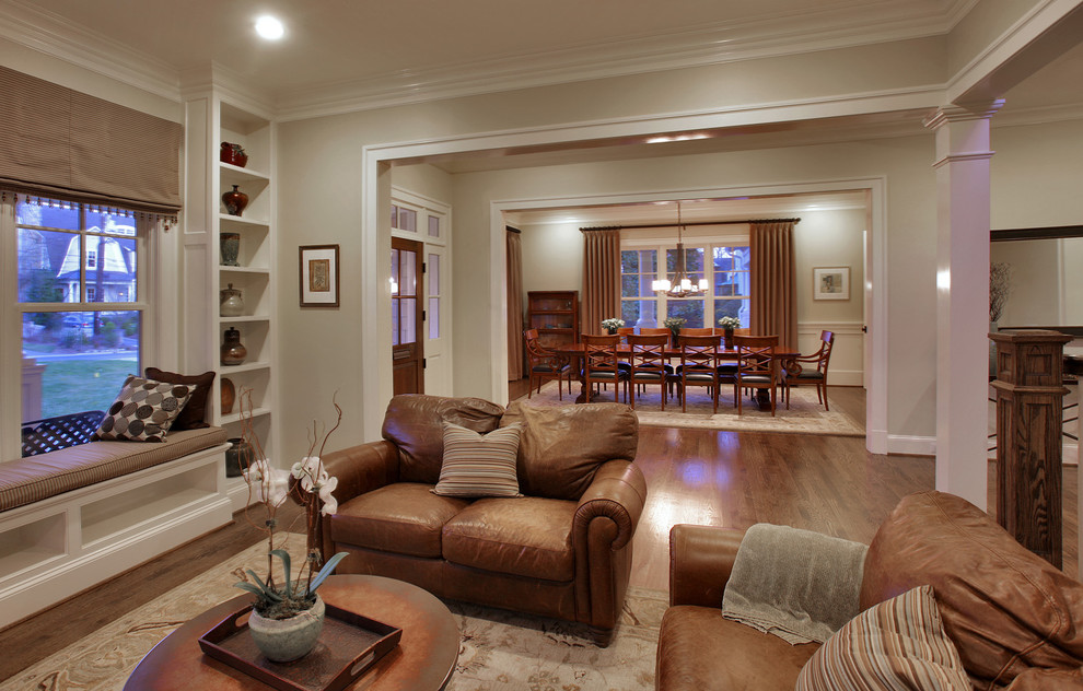 Inspiration for a mid-sized traditional formal open concept living room in DC Metro with beige walls, dark hardwood floors and no tv.
