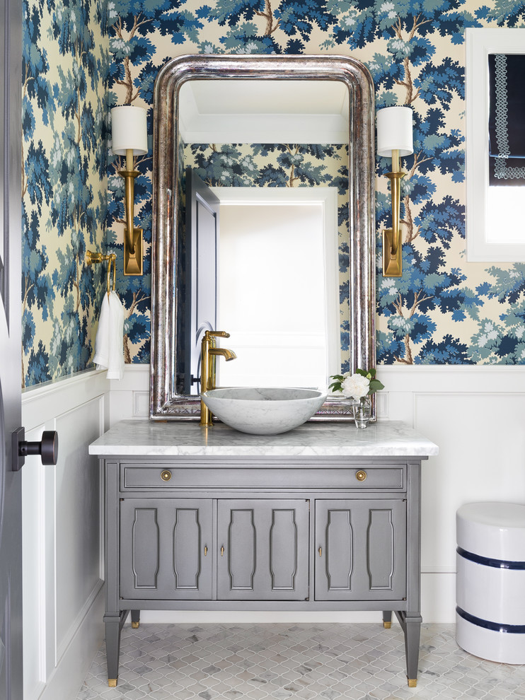 Design ideas for a traditional powder room in Seattle with furniture-like cabinets, grey cabinets, multi-coloured walls, a vessel sink, grey floor and grey benchtops.